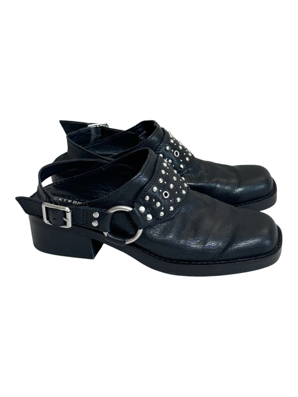 Lucky Brand Kalv Black Leather Studded Harness Slingback Clogs Mules 7M
